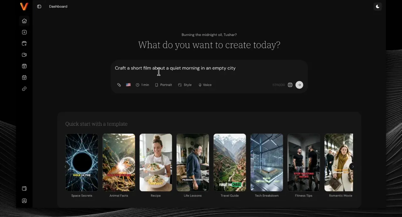 Videosly AI dashboard with the prompt 'Craft a short film about a quiet morning in an empty city' and quick-start templates