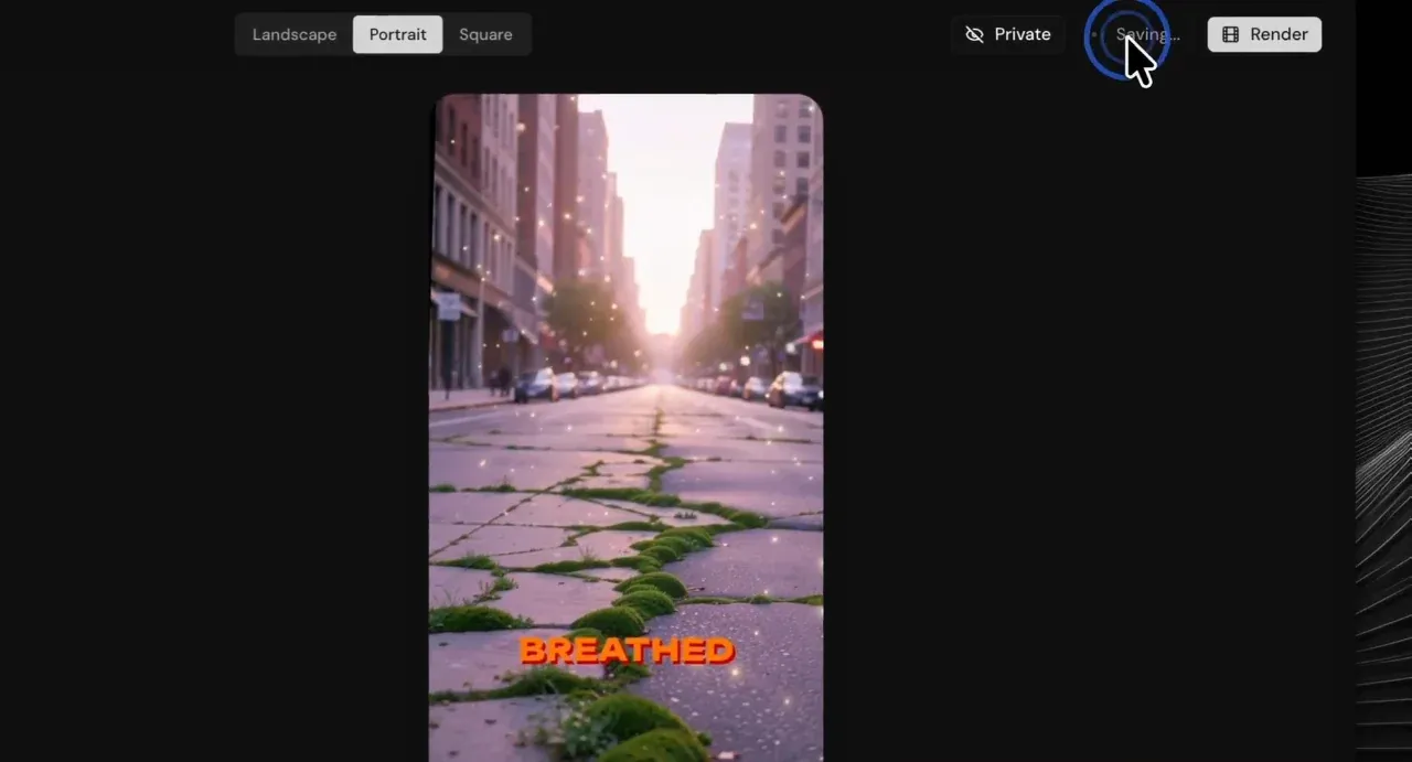 Videosly AI saving and rendering a portrait video with the caption BREATHED on screen