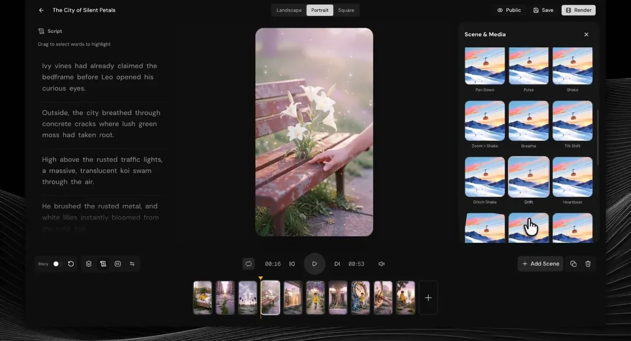 Videosly AI Scene and Media panel with motion presets such as Pan Down, Pulse, Breathe, Drift and Heartbeat