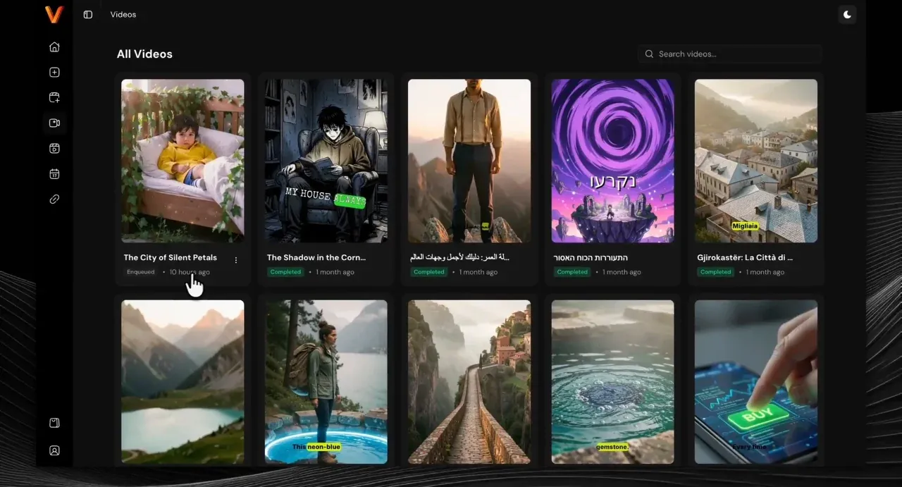 Videosly AI All Videos library with finished videos including titles in Arabic, Hebrew and Italian