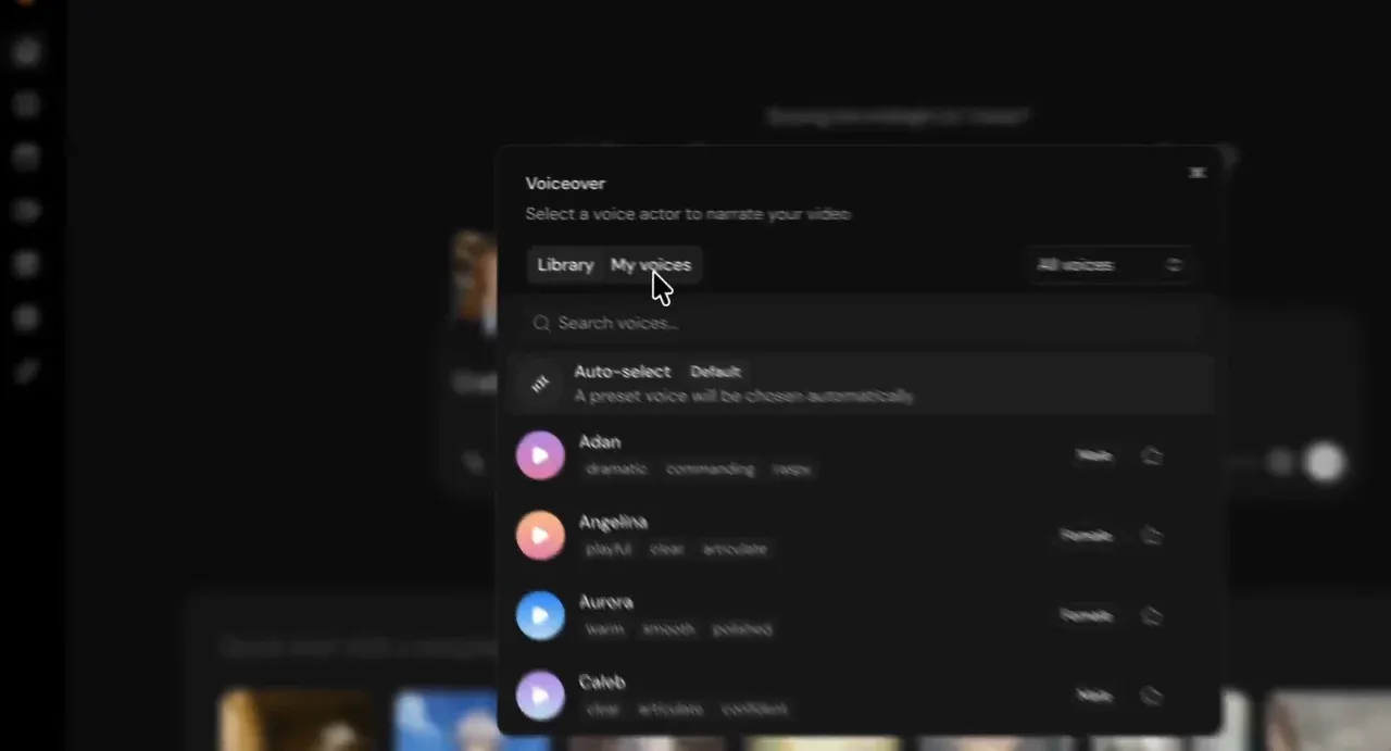 Videosly AI voiceover panel with Library and My voices tabs, Auto-select and voices Adam, Angelina, Aurora and Caleb